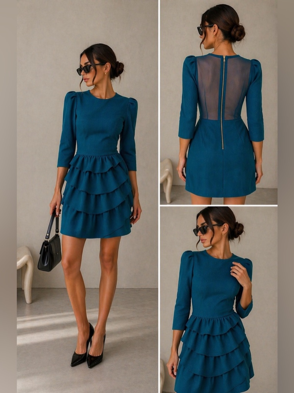 3.1 Phillip Lim Wool Blend Dress Size 4 Teal Ruffle Mini Structured Chic